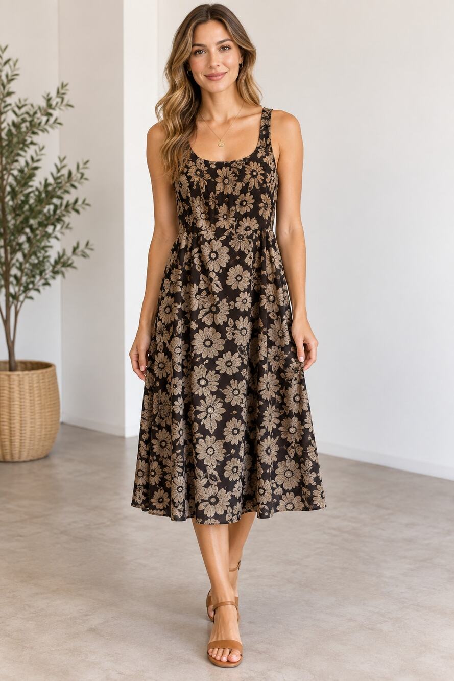 Melloday brown floral maxi sun dress adjustable lined Large boning smocking